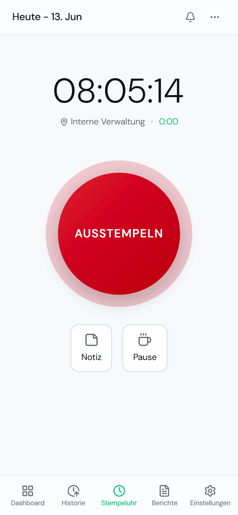Stempeluhr der Stempli-App, mit einem Tipp ein- und ausstempeln